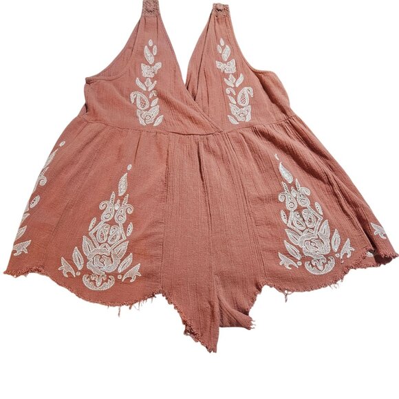 Free People Boho Style Embroidered Romper With Lace Straps In Rust & White Wome - Picture 8 of 11